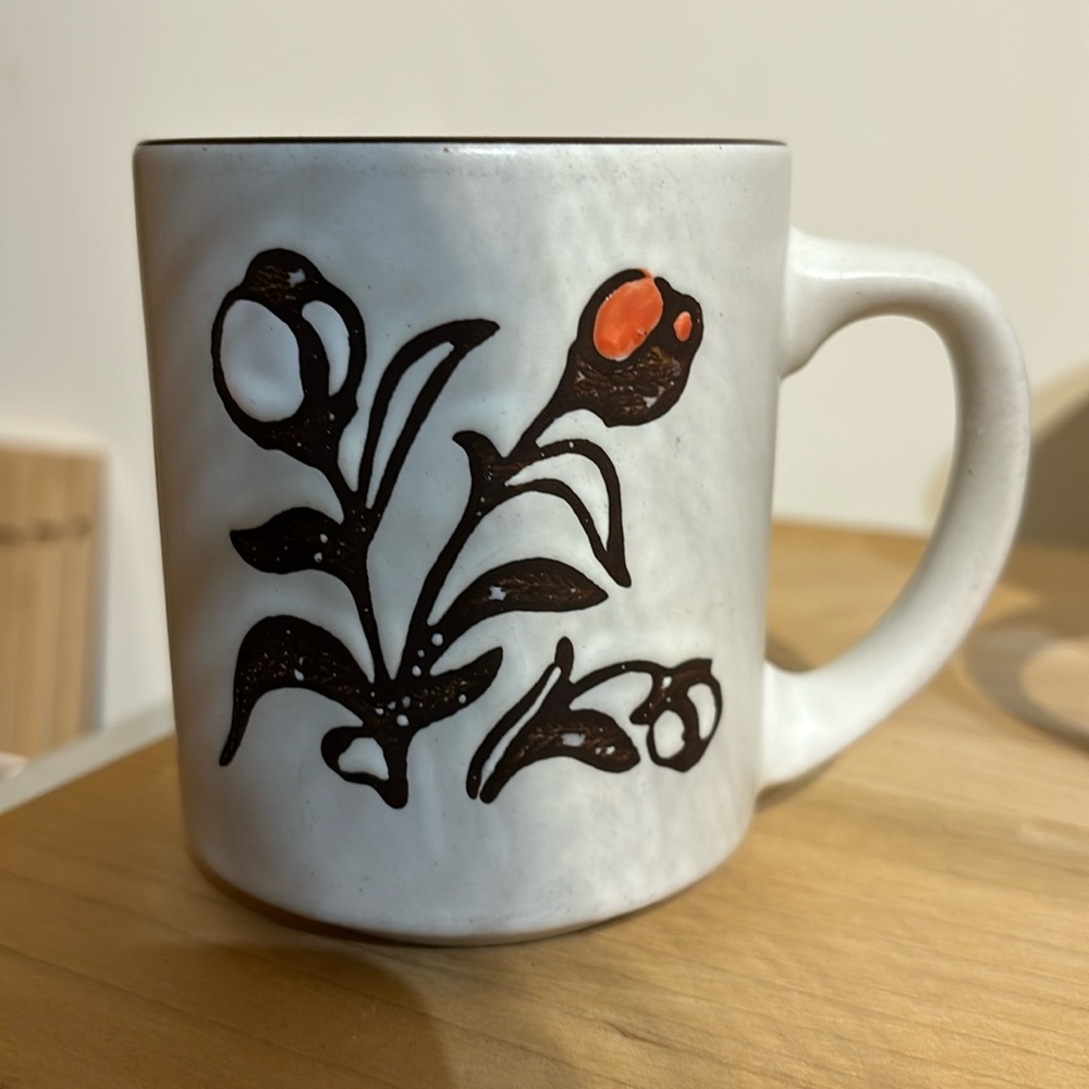 Vintage stoneware mug botanical brown orange